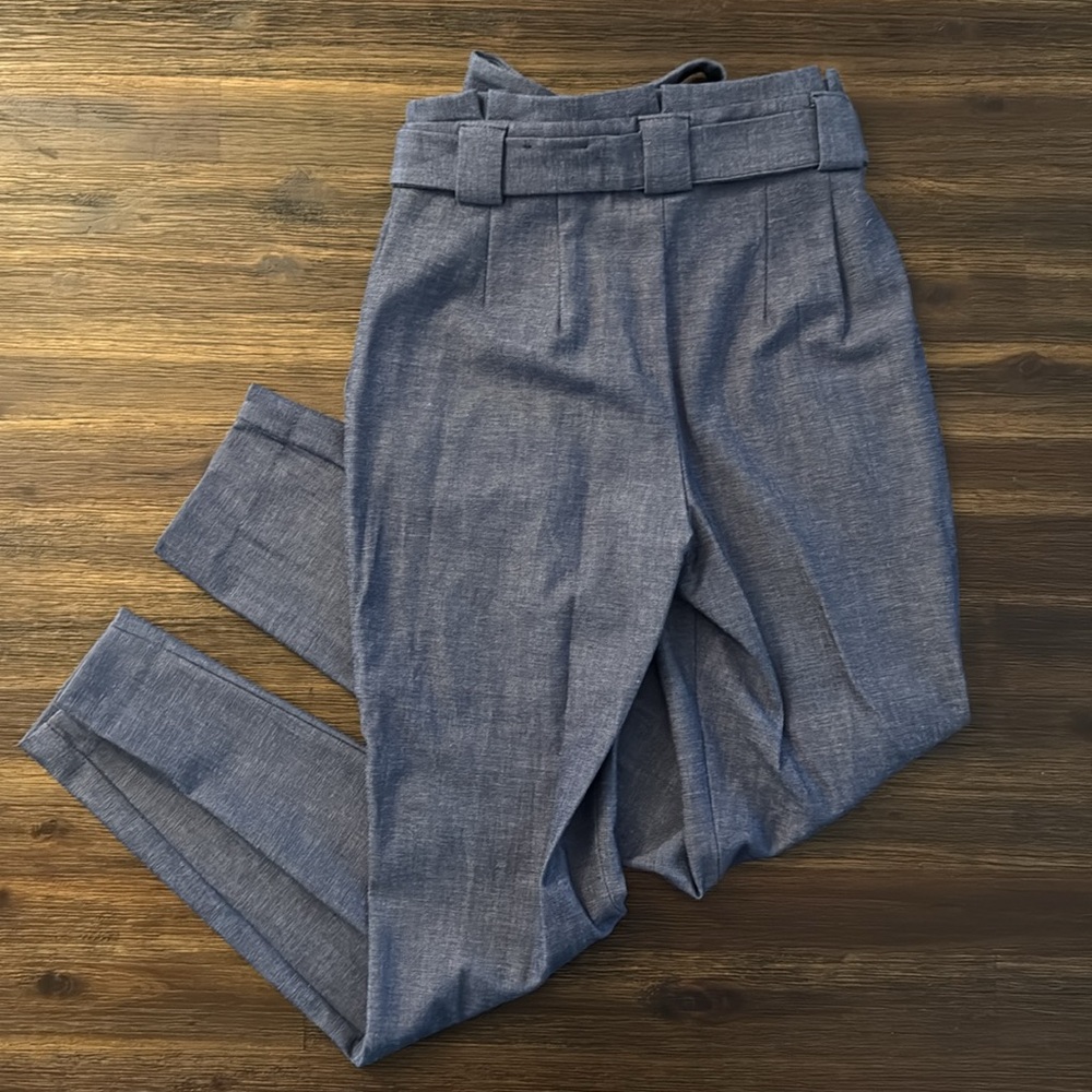 Express Heather Blue High Rise Paper Bag Waist Ankle Pants 4 Long - Picture 7 of 9
